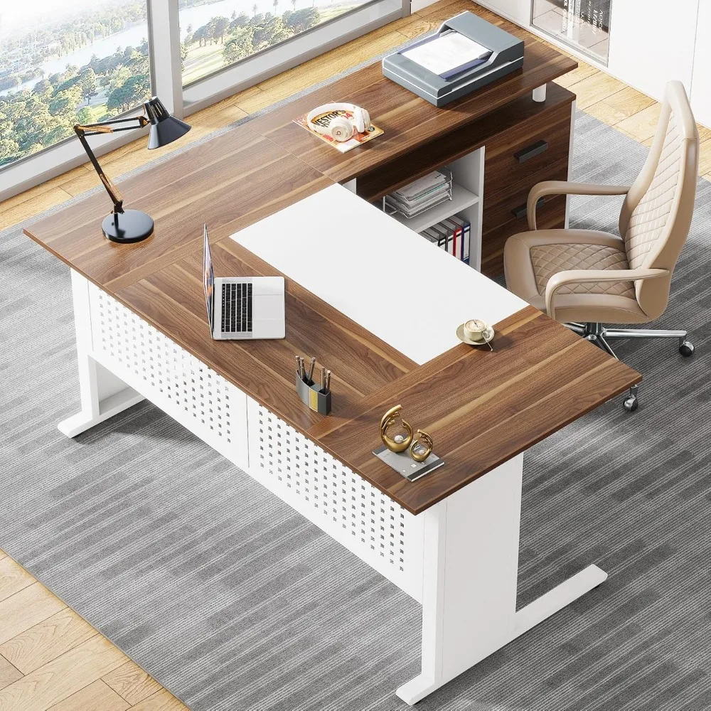 63 Inch Executive Desk with File Cabinet,  Drawers and Storage Shelves, Business Furniture Desk Workstation, L Computer Desk 3