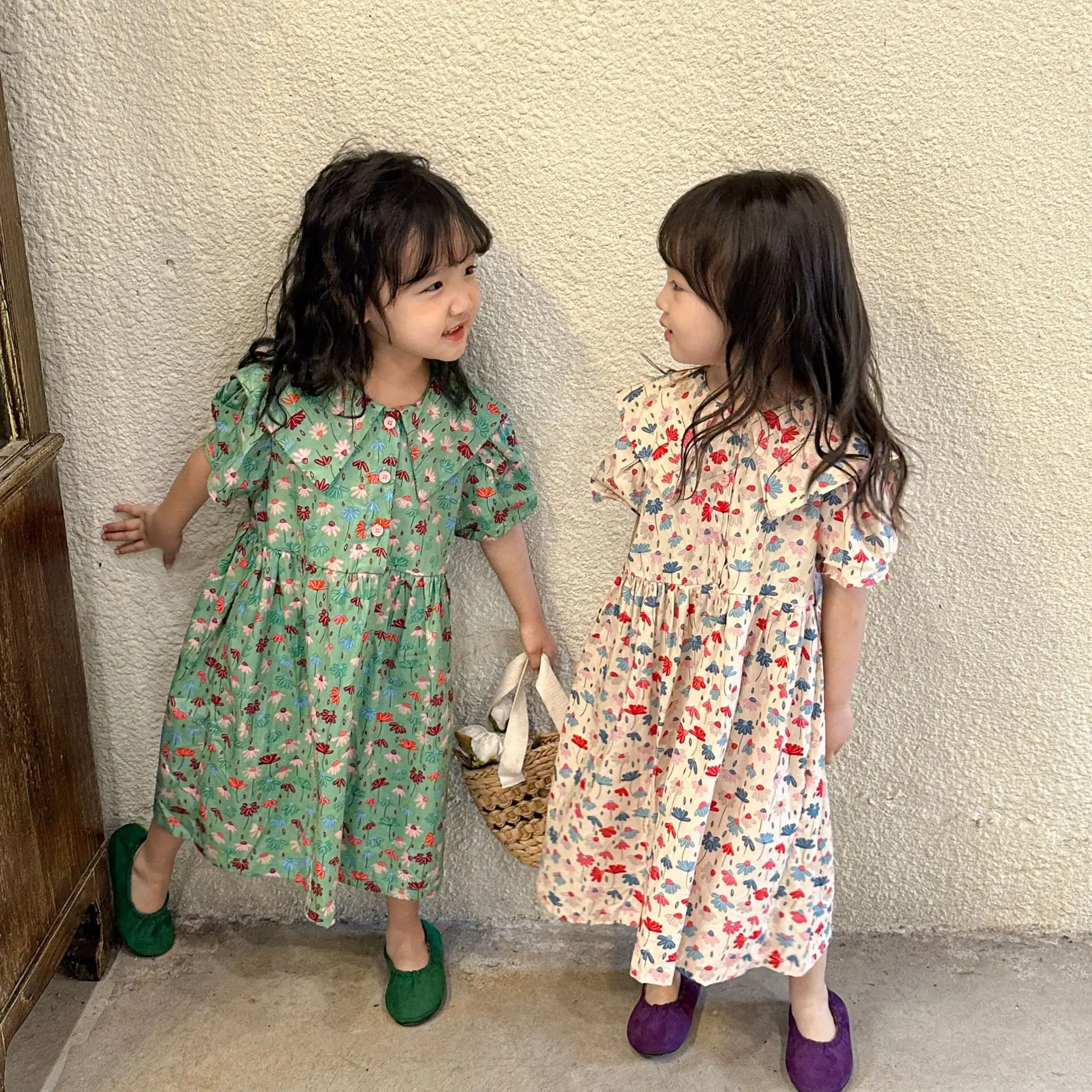 

2023 Summer New Arrival Girls Short Sleeve Turn-down Collar Print Floral Green Designer Cute Party Dress Custume 12M-8T