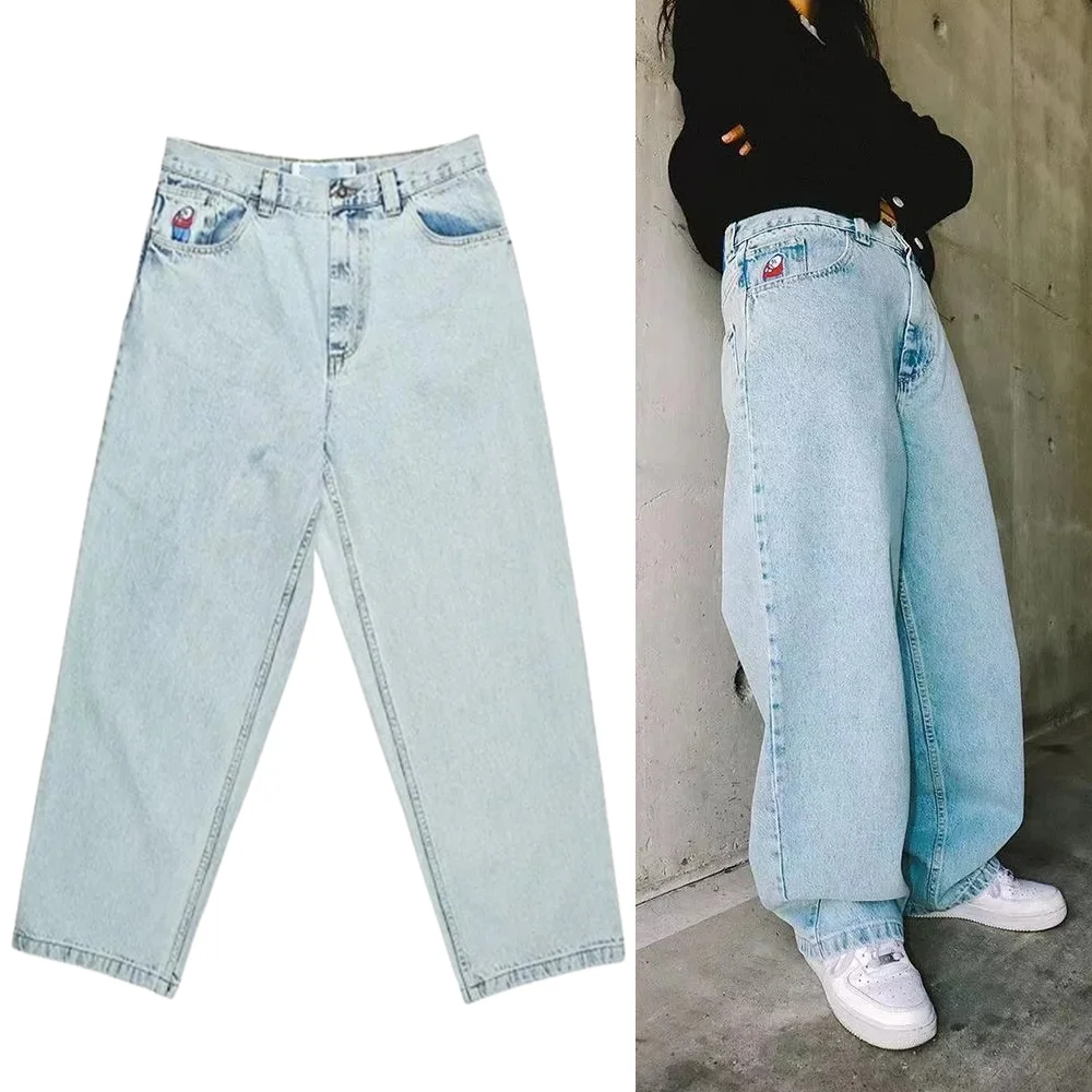 

Harajuku Straight Baggy Jeans Men Golf Trap Wang Y2K Blue Embroidery Graphic Denim Leisure Simple Cargo Pants Women Streetwear
