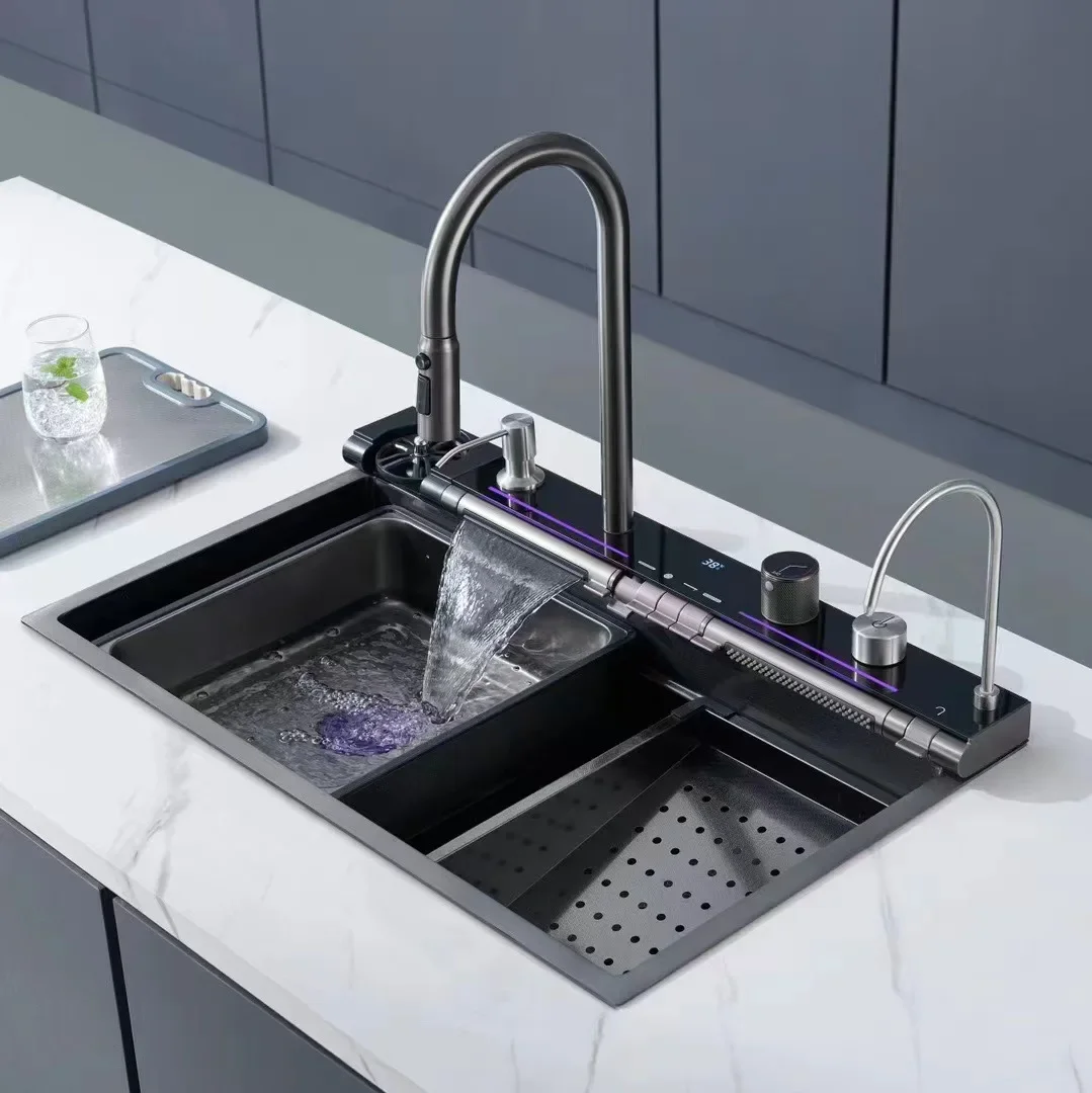 304 stainless Steel Waterfall Kitchen Sink LED Digital Display Large Single Slot Multifunctional Sink 6