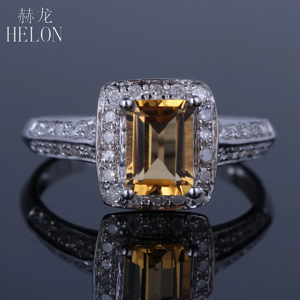 

HELON Solid 14K White Gold Ring Flawless Cushion 7x5mm Genuine Natural Citrine Diamonds Engagement Ring Setting Women Jewelry