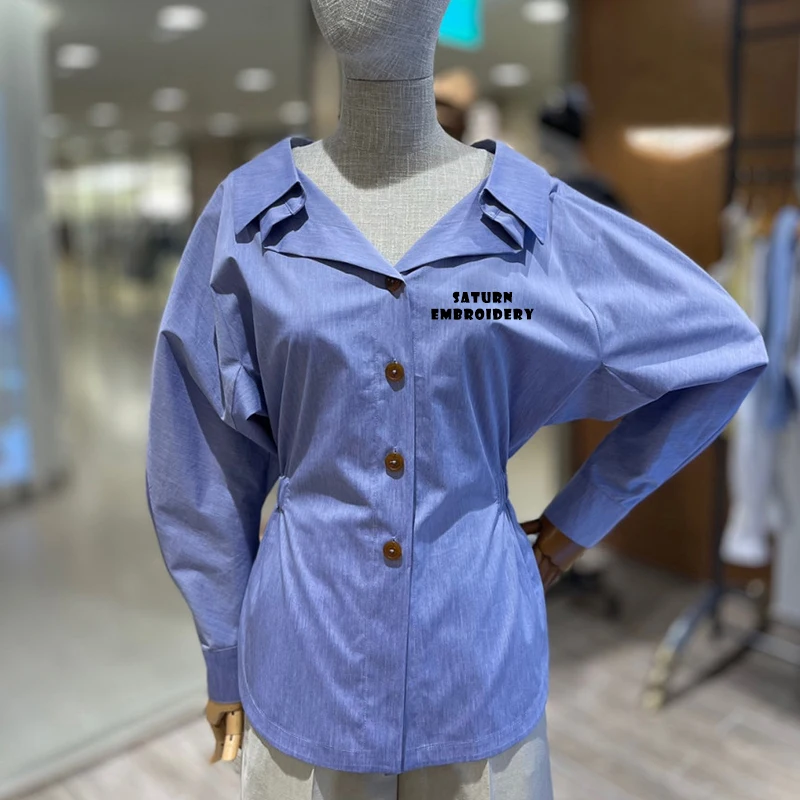 2024 High Quality Women Saturn Embroidery Shirt Single Breasted Stacked Collar Overshirt adjustable hem saturn embroidery shirt stacked collar single breasted overshirt for women