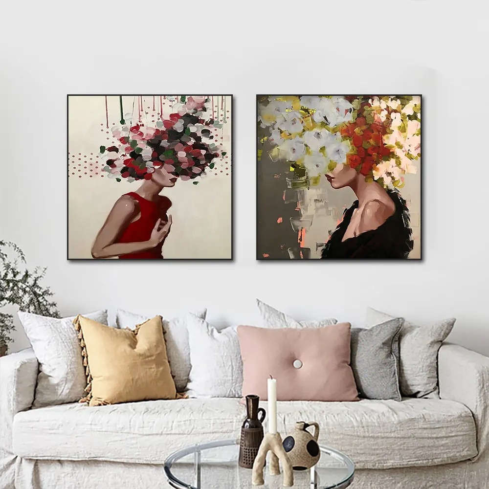Testa Di Ragazza Astratta Con Fiori Tela Pittura Moderna Arte Murale Immagini Poster E Stampe Per Soggiorno Decorazione Domestica