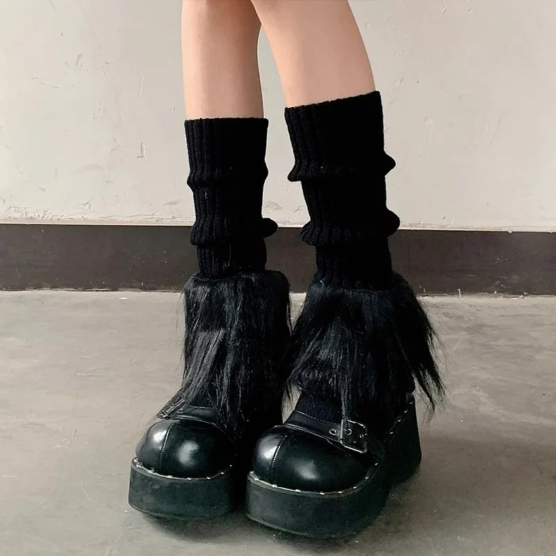 Women's Artificial Fur Leg Warmers Harajuku Y2K Lolita Autumn Winter Black and White Knitted Socks Leg Warmers for Women Girls