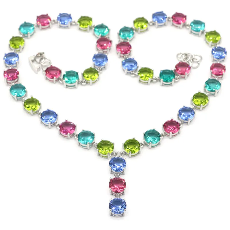 

32g 925 SOLID STERLING SILVER NECKLACE CHAIN Multi Color Rich Blue Aquamarine Violet Tanzanite Pink Tourmaline Green Peridot