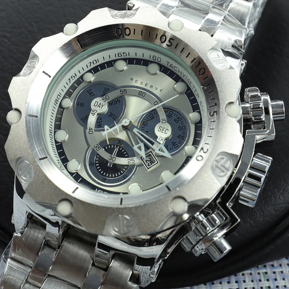 

Undefeated Reserve AAA Original Watches For Men Silver Big Dial Invincible Watch Steel Creative Design Clock Relogio Masculino