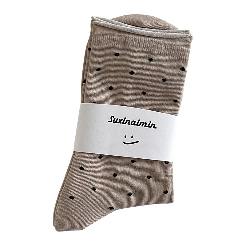 5 Pairs Women's Spring Socks – Cream Vintage Polka Dot Mid-Tube Rolled Edge Socks, Thin Artistic Summer Socks