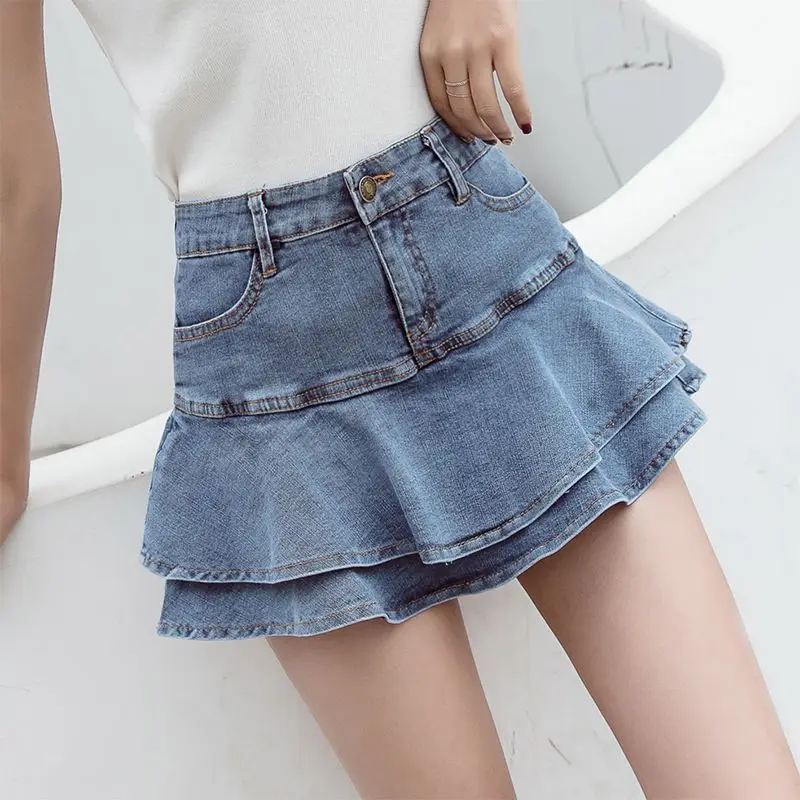 

DEEPTOWN Fashion Ruffles Denim Skirts Summer Women Preppy High Waist Lined Jean Mini Skirts Casual Solid Korean Girls Skirts