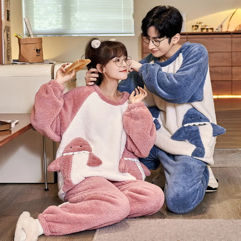 남녀공용 커플 잠옷 세트, 두꺼운 파자마, 따뜻한 애니메이션 상어, 카와이 잠옷, 한국 루즈한 연인 홈웨어, 겨울 세트