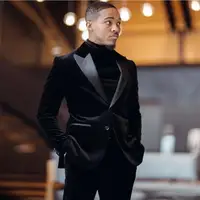 Velvet Men Suits Slim Fit Groomsmen Wedding Tuxedos 2 Pieces Sets Black Peaked Lapel Blazers Formal Suit With Jacket And Pants 1