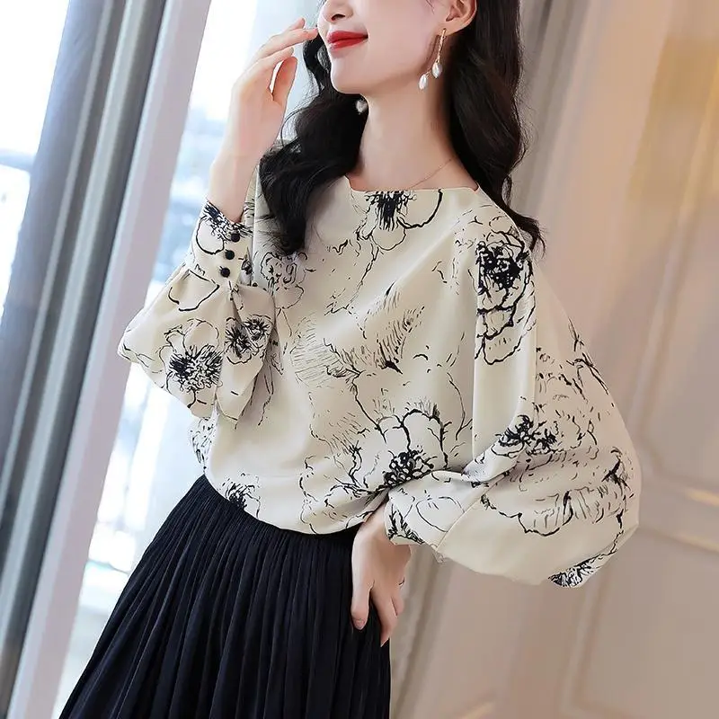 Spring Autumn New Women's Pullovers Fashion Printed O-Neck Casual Shirt Simplicity Elegant Loose Long Sleeve Office Lady Tops