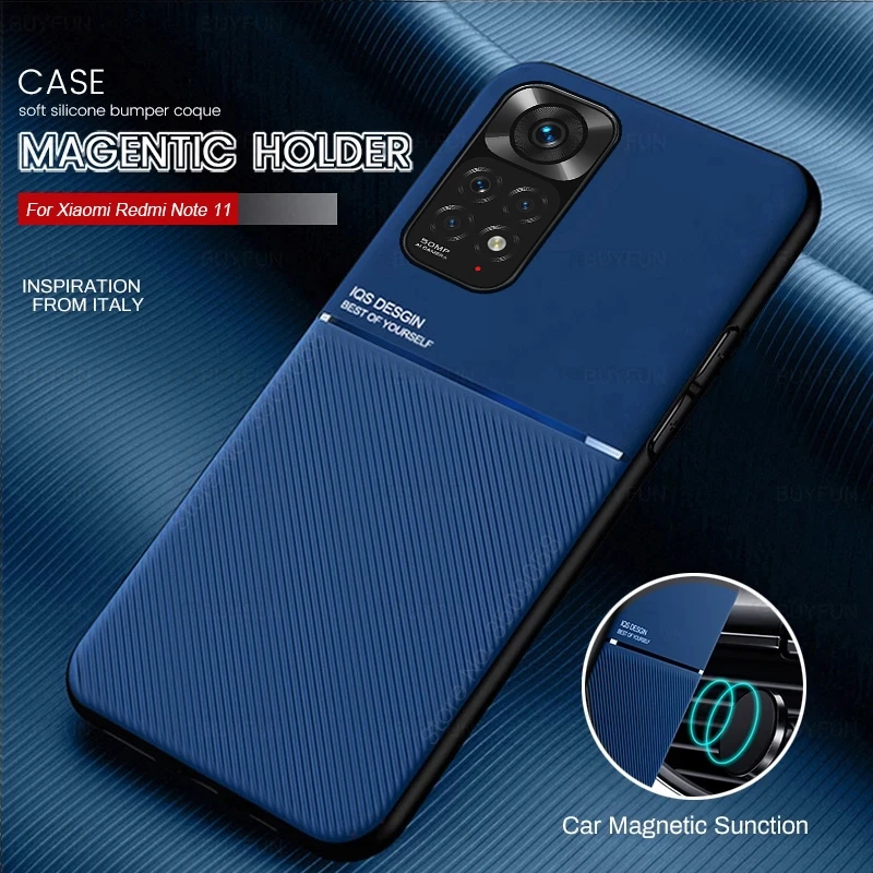 phone pouch for running Car Magnetic Holder Cover For Redmi Note 11 Case Leather Texture Silicone Shockproof Coque On Redmy Note 11 Pro 11S Note11 Coque phone dry bag