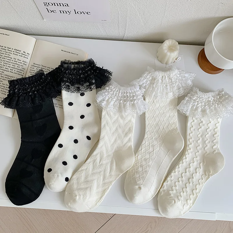 

Lolita Lace Frilly Women Socks Sweet Dot Long Socks Female JK White Socks Girls Streetwear Dress Calcetine mujer