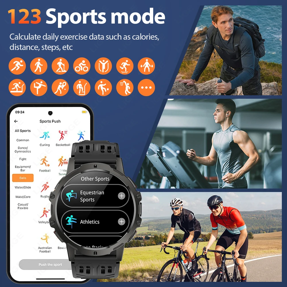 LIGE Men's Smart Watch 1000mAh Outdoor Flashlight 3ATM Waterproof Smartwatch Men Heart Rate Sports Fitness BT Call Smartwatches
