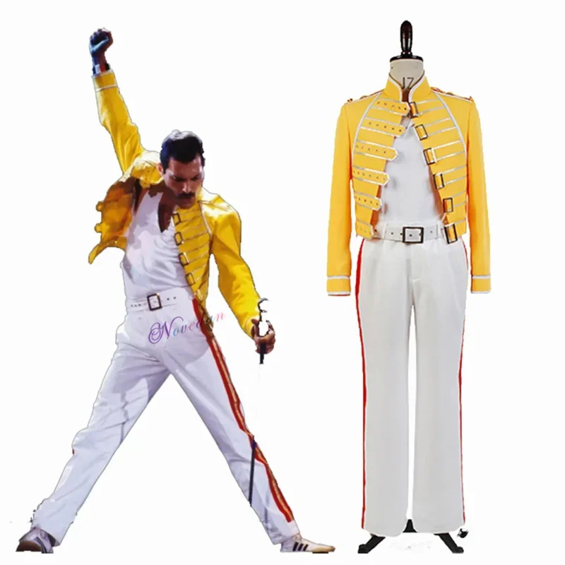 

Queen Lead Vocals Freddie Mercury Cosplay Costume DJ Singer Ballroom Dance Stage Yellow Jacket Coat Shirt Pants Outfit Full Set