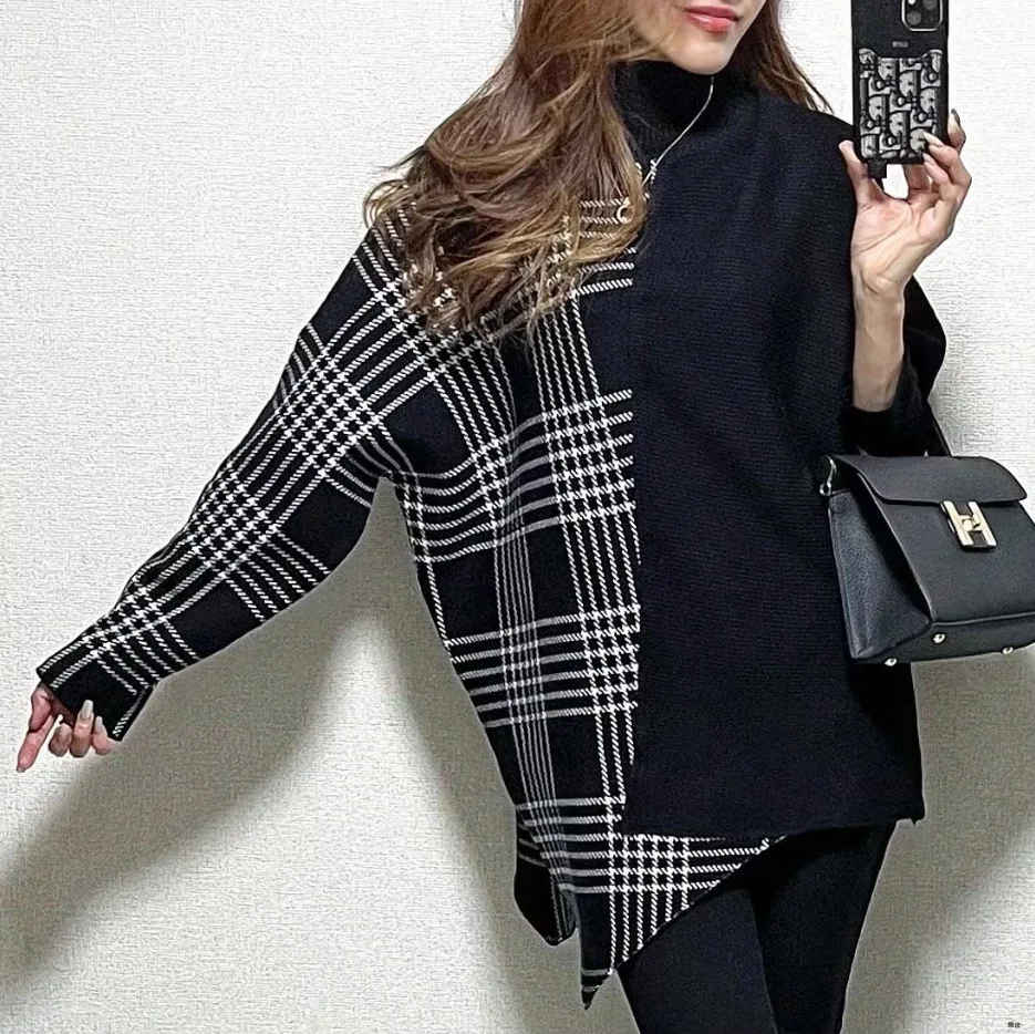 

Женский свитер средней длины, Черный Повседневный Асимметричный свитер с длинными рукавами летучая мышь и клетчатыми вставками в японском стиле, 2023