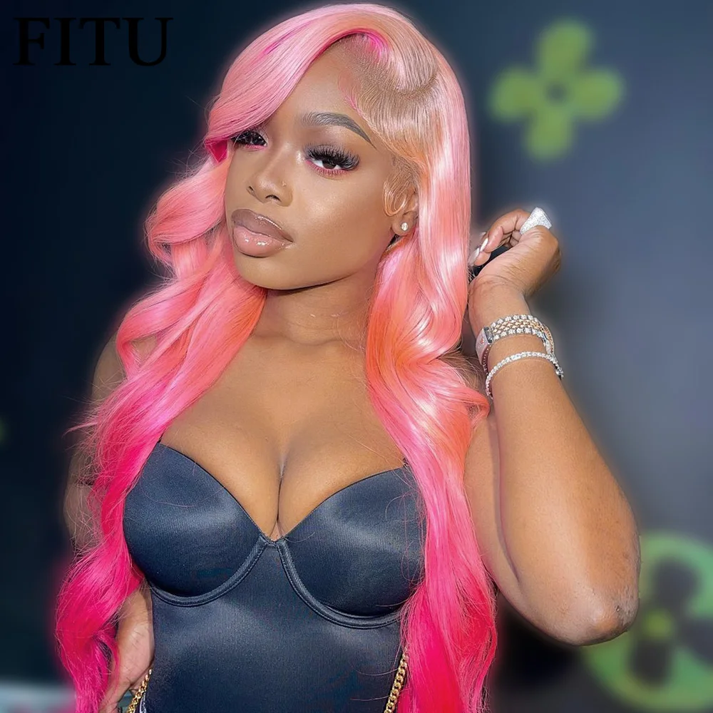 

Ombre Pink Body Wavy 13x4 13x6 Lace Front Human Hair Wigs 180% 2 Tone 613 Colored Peruvian Remy Hair For Black Women 40 Inch