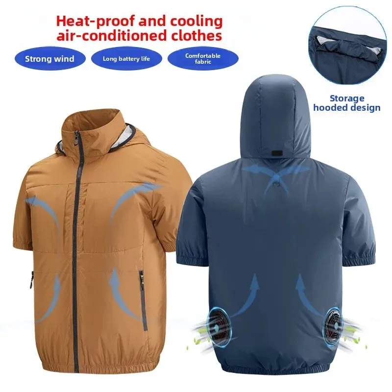 Summer Cooling Fishing Shirt Men Women Short Sleeve Air Conditioner Outdoor Camping USB Fan Jacket Breathable Sun Protection