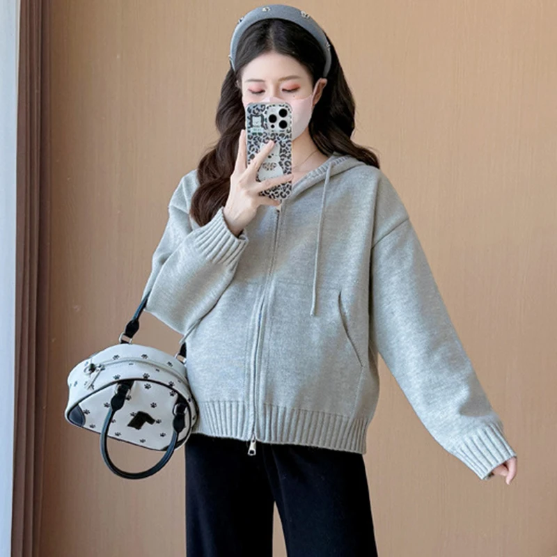 Pregnant Woman Korean Skinny Striped Sweater Cardigan Autumn Winter Casual Hoodie Jacket Maternity Outwear Stylish Coat