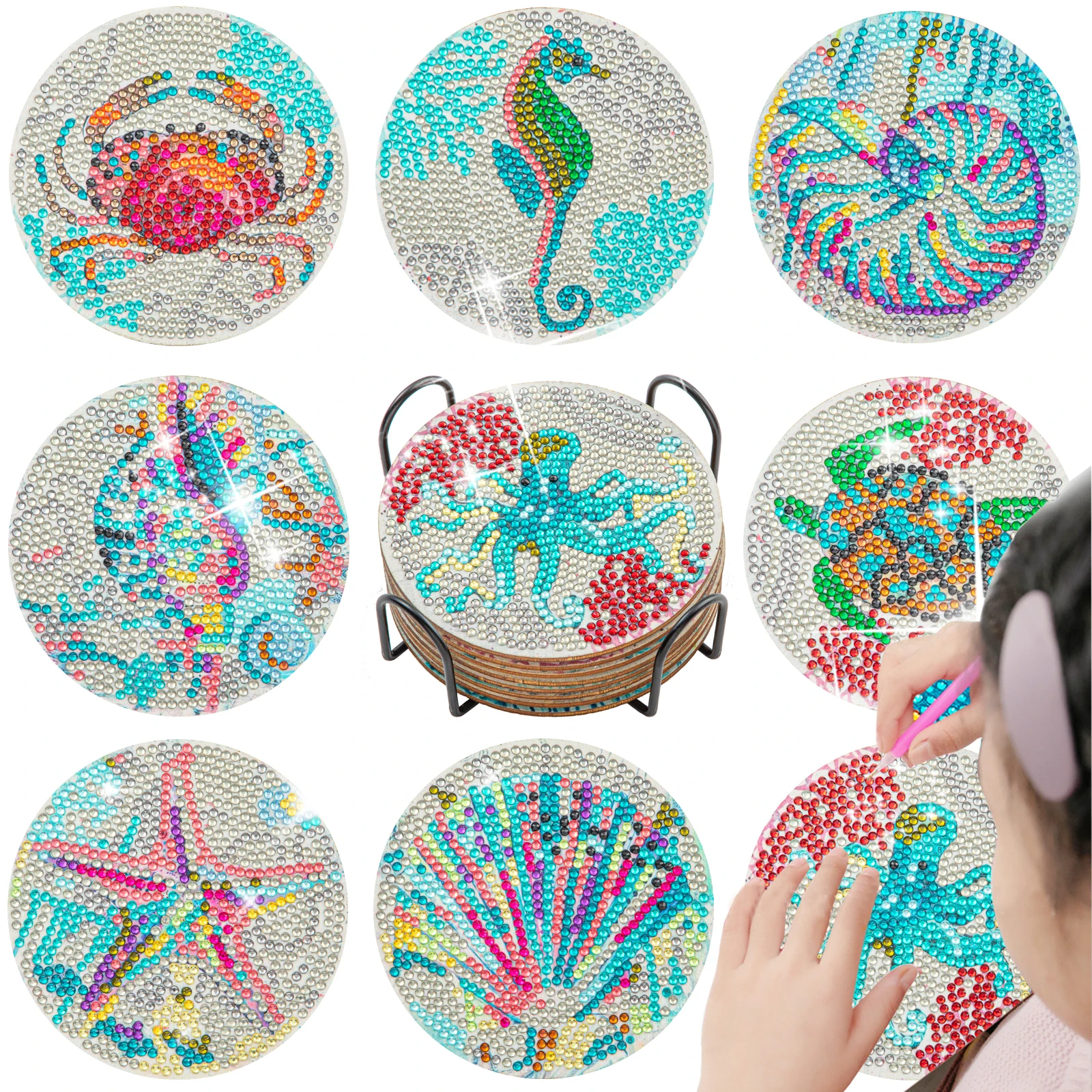 

RUOPOTY 8PCS Ocean Series Diamond Painting Coaster Set Rhinestones Wooden Table Placemat with Rack for Home Decor