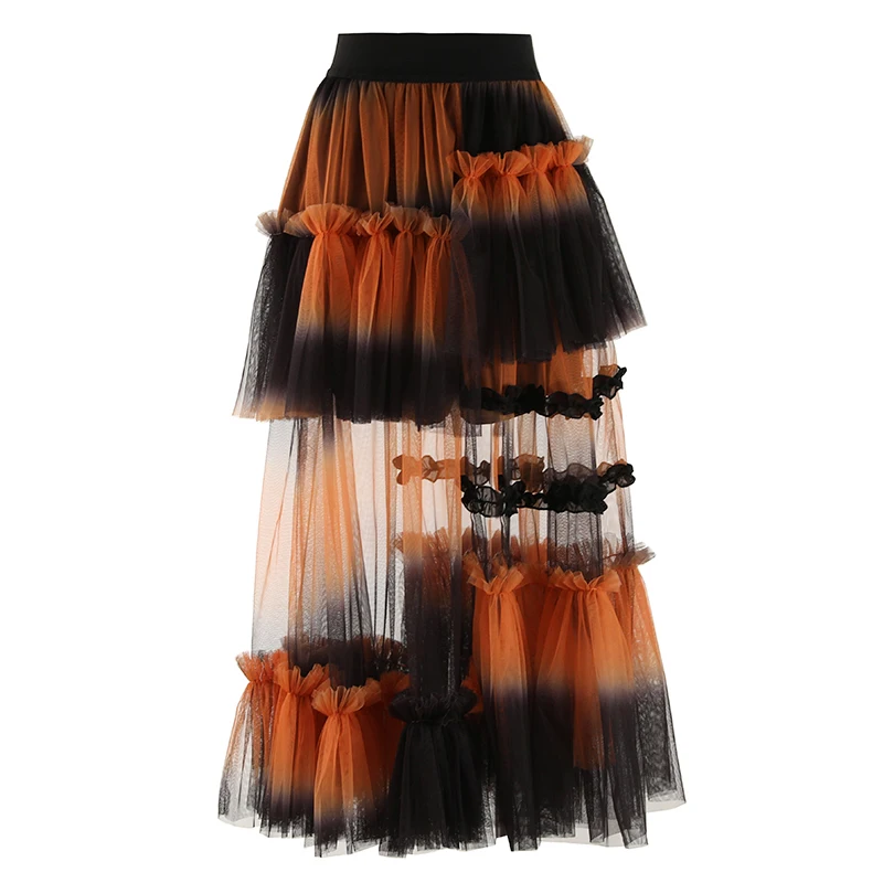 

Women's Runway Fashion Spring Summer Designer Gradient Mesh Skirt Female Autumn Winter High Waist Basic A-Line Skirt TB1119