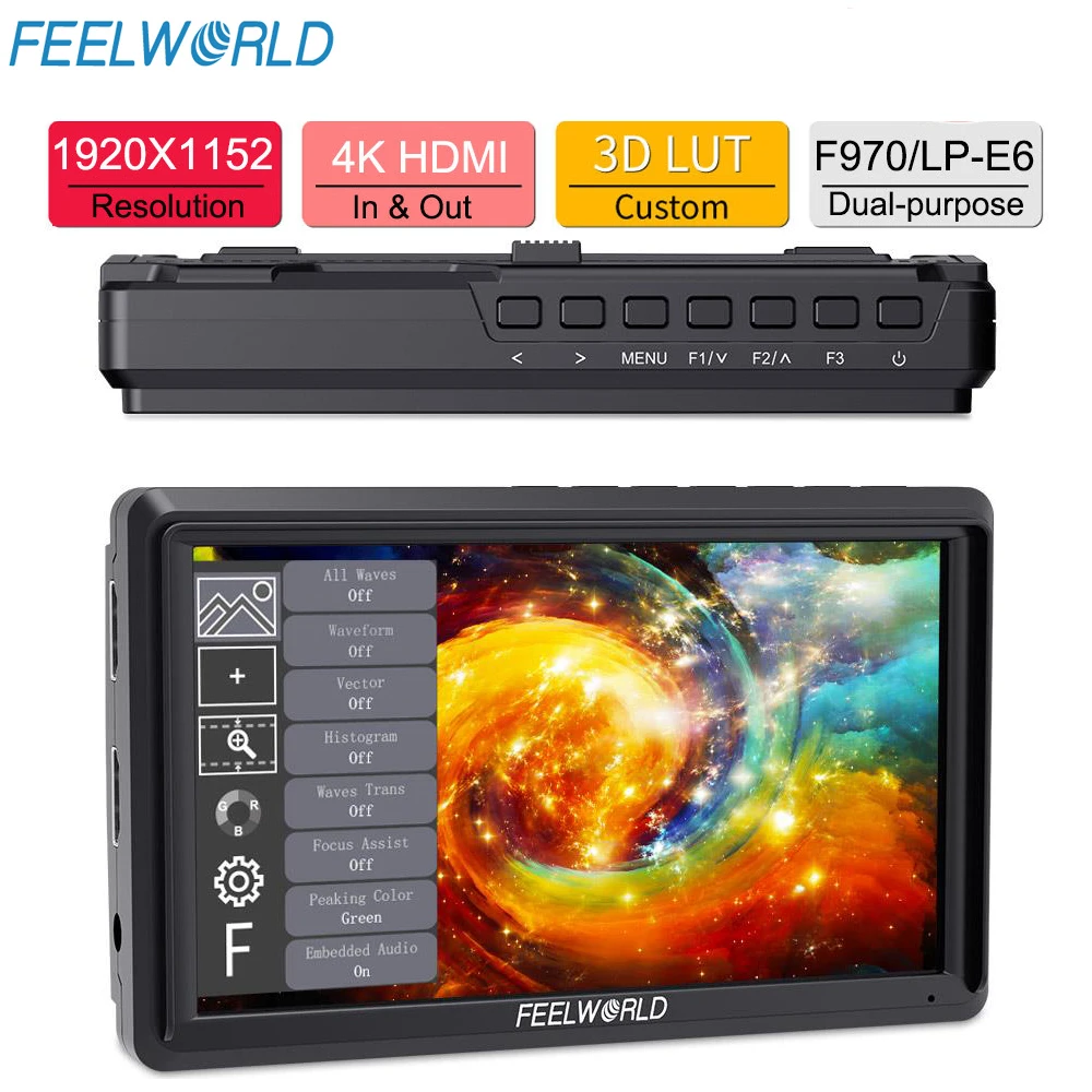 

FEELWORLD FW568 V3 6-inch 3D LUT DSLR Camera Field Monitor IPS Full HD 1920x1080 HDMI-compatible Tilt Arm Power Output