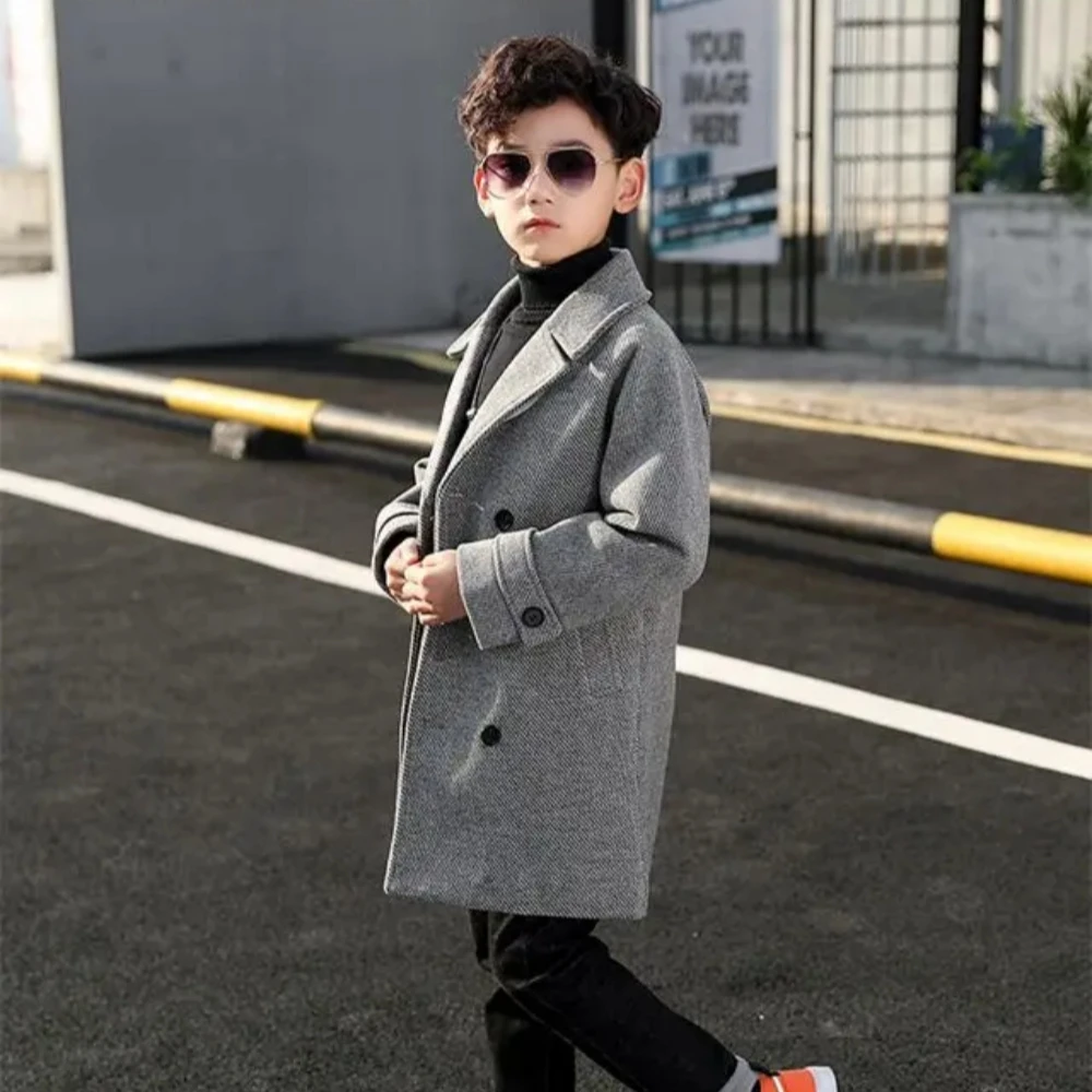 Grid Jackets Woolen Double-breasted Baby Boy Trench Coats Turn-down Collar Kids Mid-Length Outerwear Autumn Winter Thicken Warm
