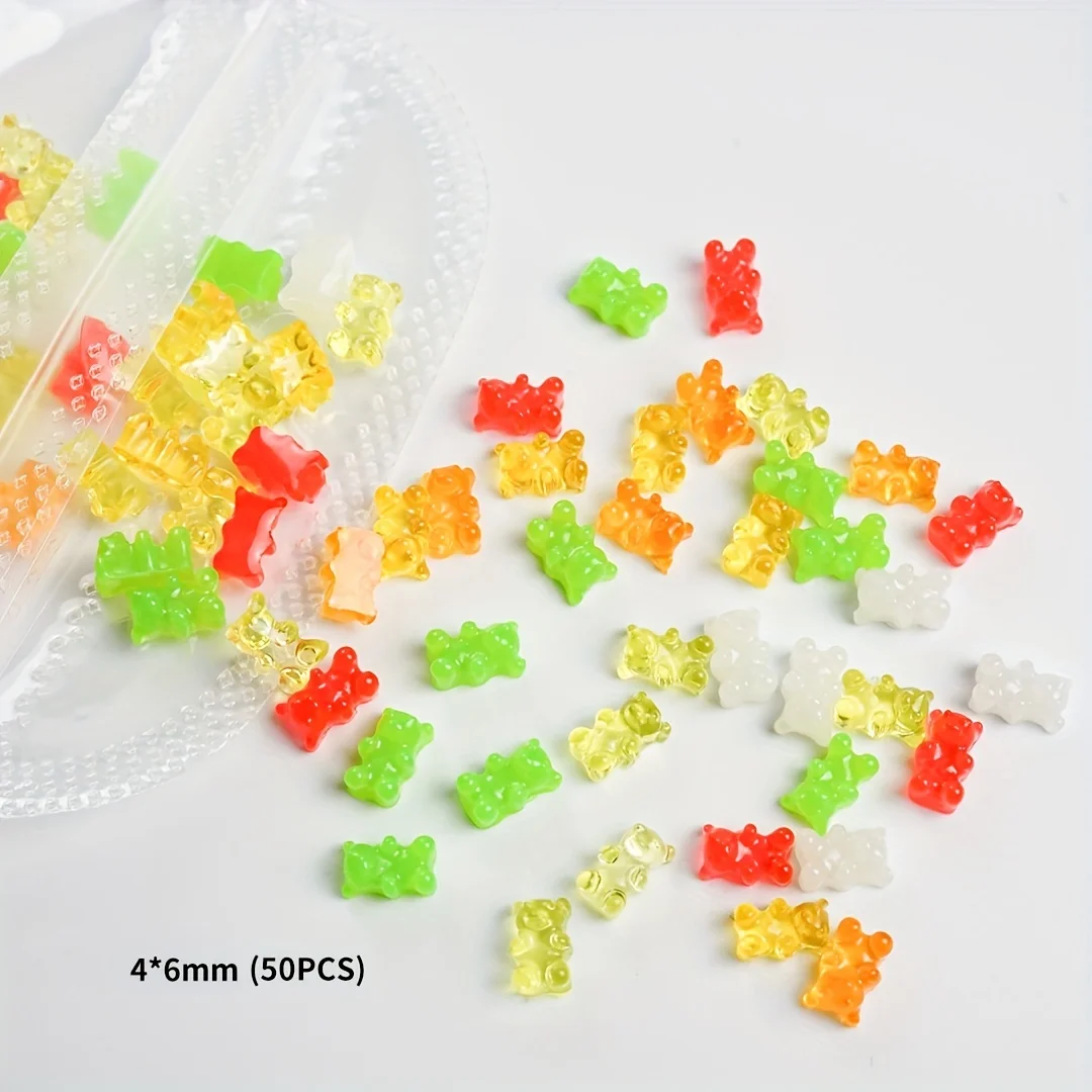 50pcs 캔디 컬러 귀여운 카와이 수지 곰 네일 매력 다채로운 플랫 백 3D 손톱 부품 DIY 라인 석 매니큐어 액세서리