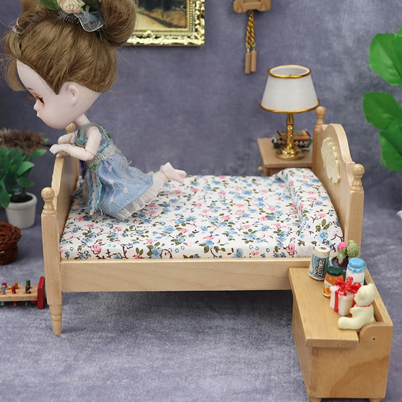 1Set 1:12 Dollhouse Miniature Iron European Bed Cradle Bed With Mattress Cushion Hanging Model Toys Furniture Bedroom Decor Toy 3