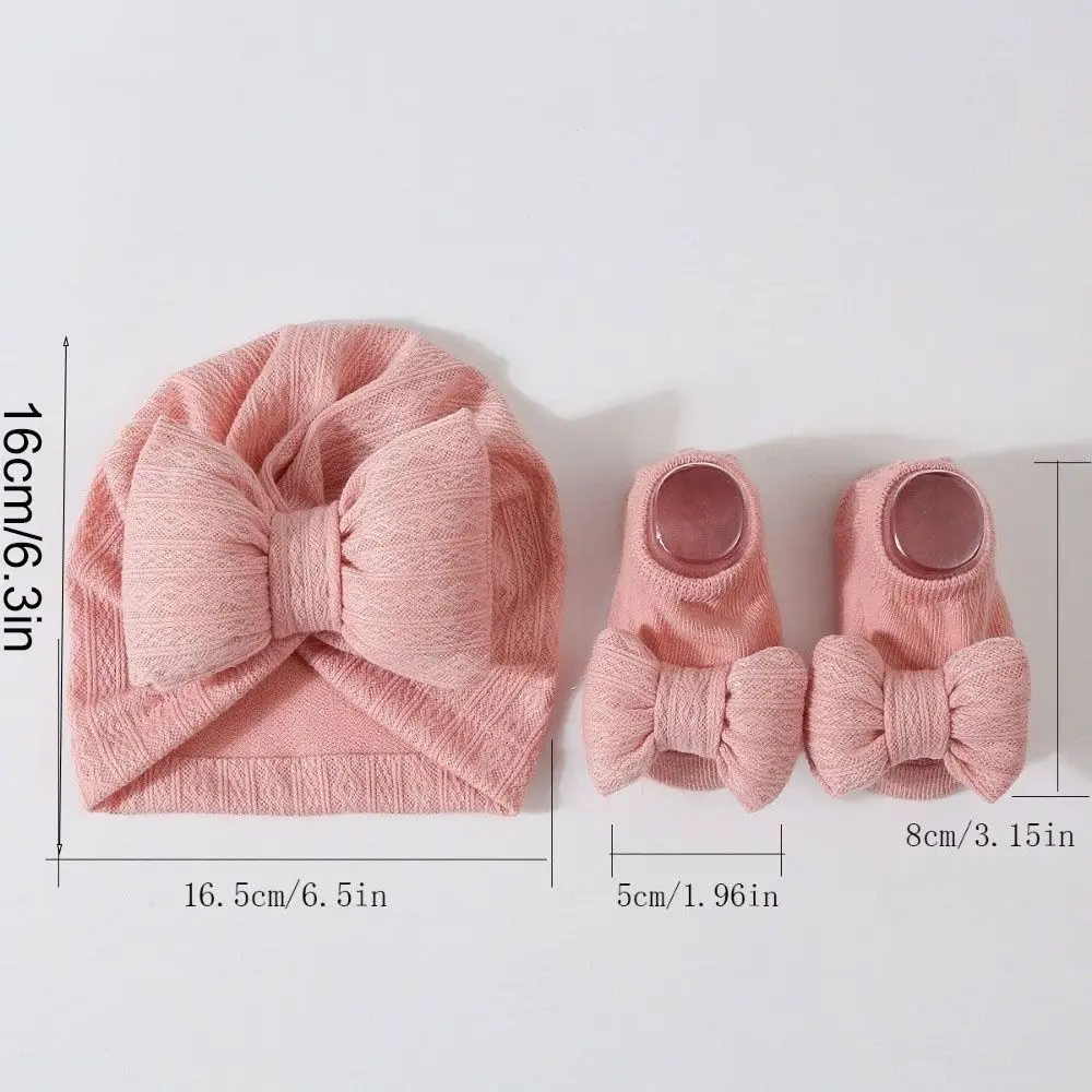 3Pcs/Set Headwear Bow Baby Hat Socks Set 0-12 Months Solid Color Baby Fetal Cap Elastic Windproof Newborn Turban Hat Toddler