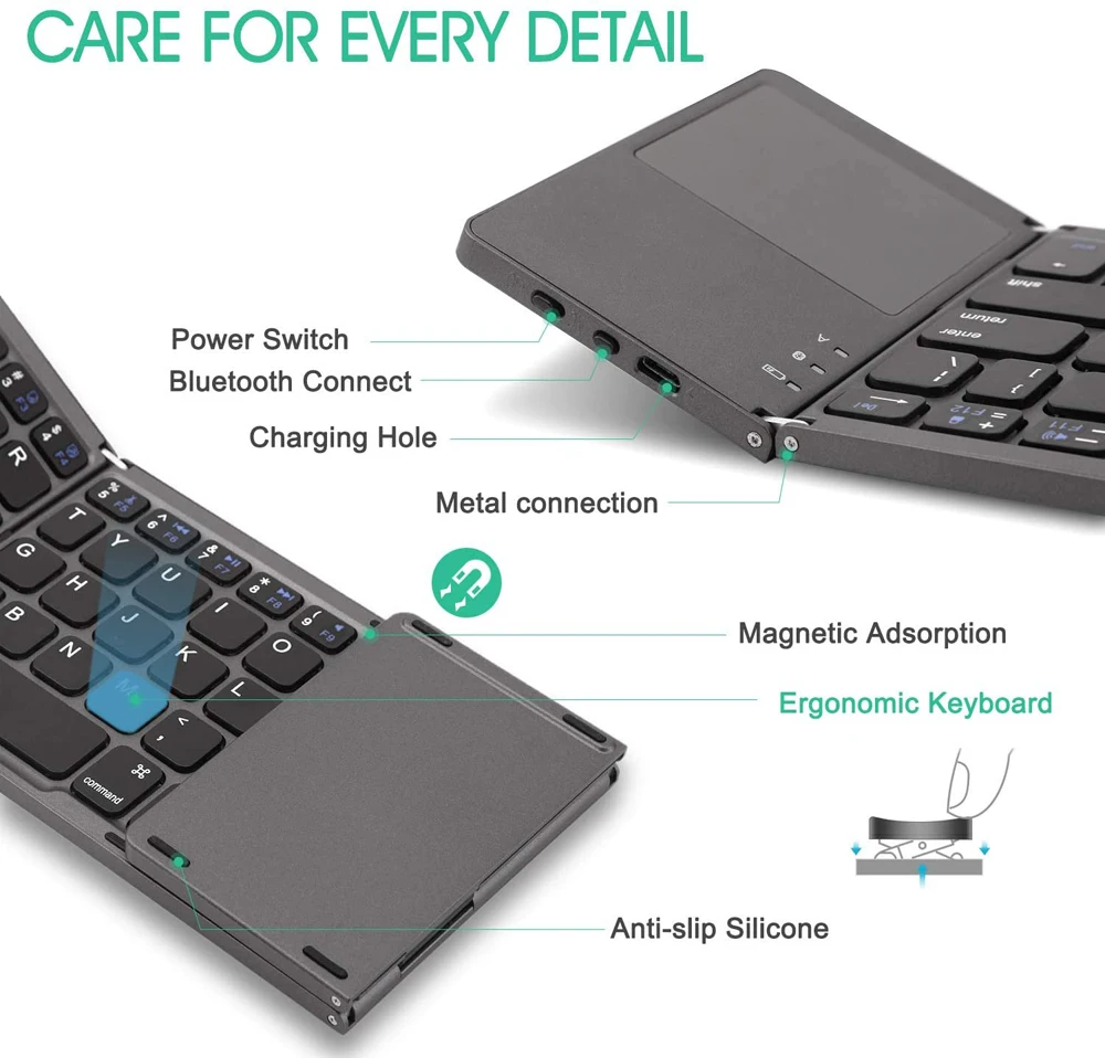 Wireless Bluetooth Keyboard Portable Mini Three Folding Foldable Touchpad Keypad for IOS Android Windows ipad Tablet Laptop
