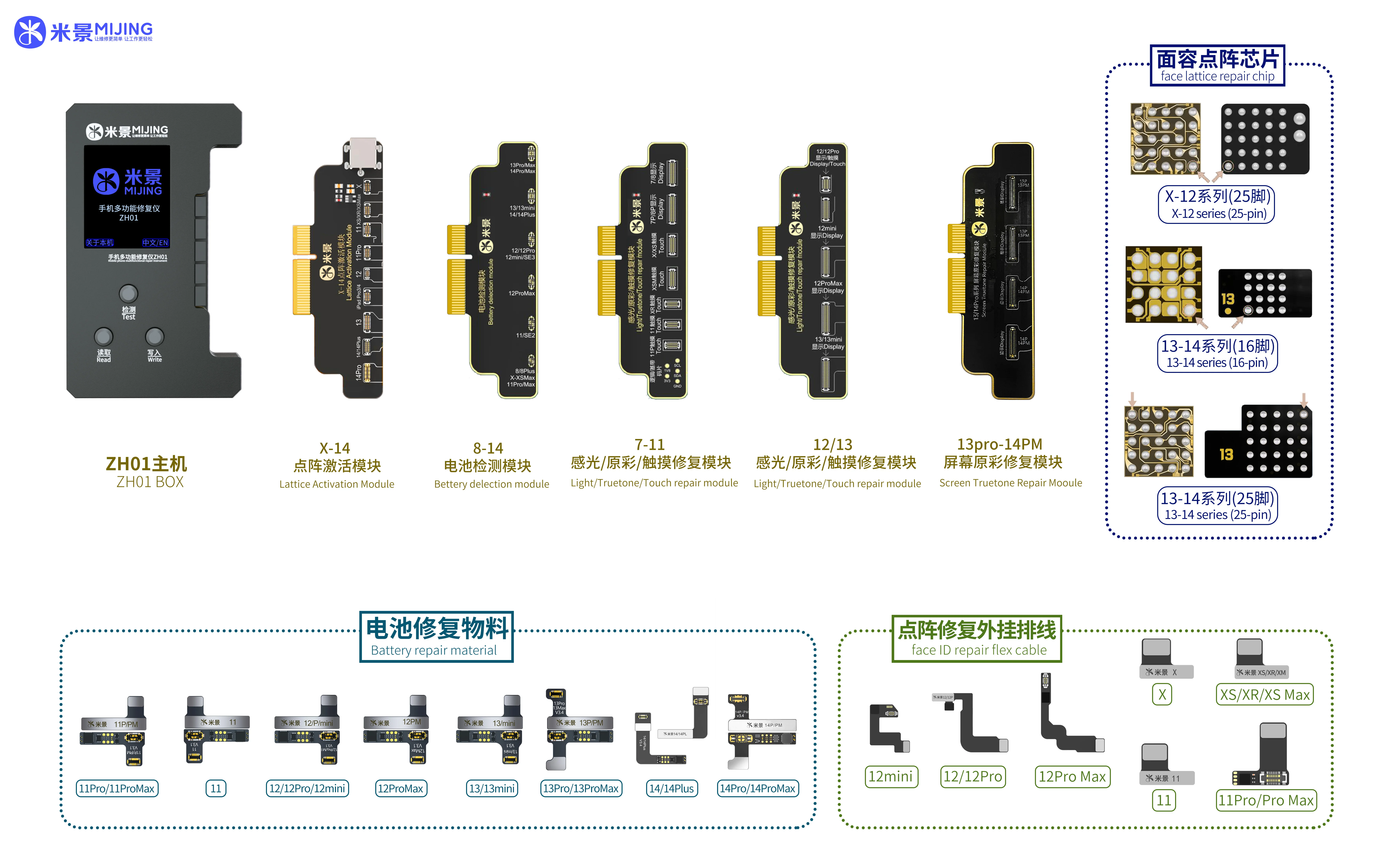미징 ZH01 트루 톤 페이스 ID 배터리 수리 프로그래머, 아이폰 8 - 14 프로 맥스 도트 매트릭스 배터리, FPC 플렉스 케이블 데이터 수정