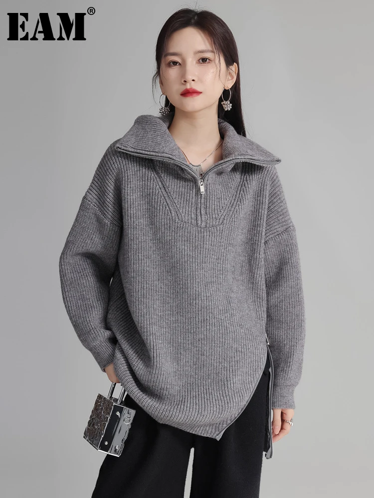 

[EAM] Gray Big Size Knitting Sweater Zipper Turtleneck Long Sleeve Women Pullovers New Fashion Tide Spring Autumn 2024 1DH4176