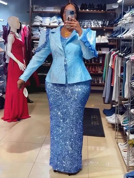 Luxury Wedding Party Dresses For Women Long Sleeve Coat And Sequin Vest Dress Turkey African Clothing 2 Piece Set Dashiki Outfit 1