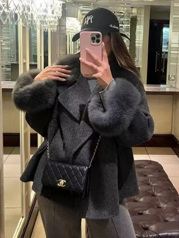 Winter Warm Fur Spliced Woolen Coat Women Loose Lapel Long Sleeve Solid Female Jacket 2025 Autumn New Lady Elegant Outerwear ﻿