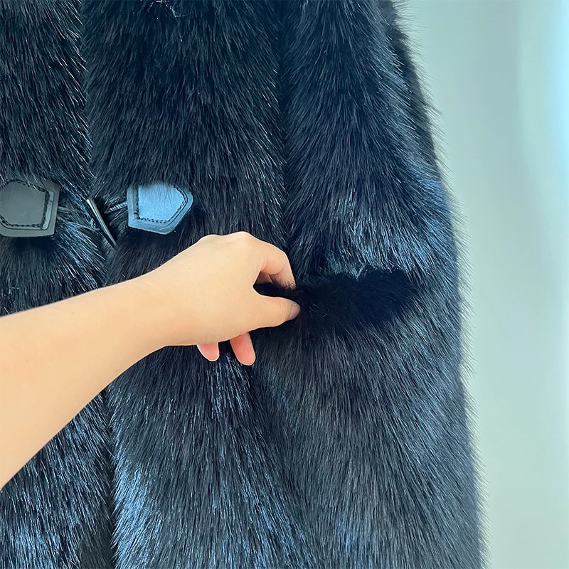 Brand Horn Buttons Long Faux Mink Fur Vest Tops Women Winter Sleeveless Overcoats Luxury Ladies Shaggy Waistcoat Gilets Casaco