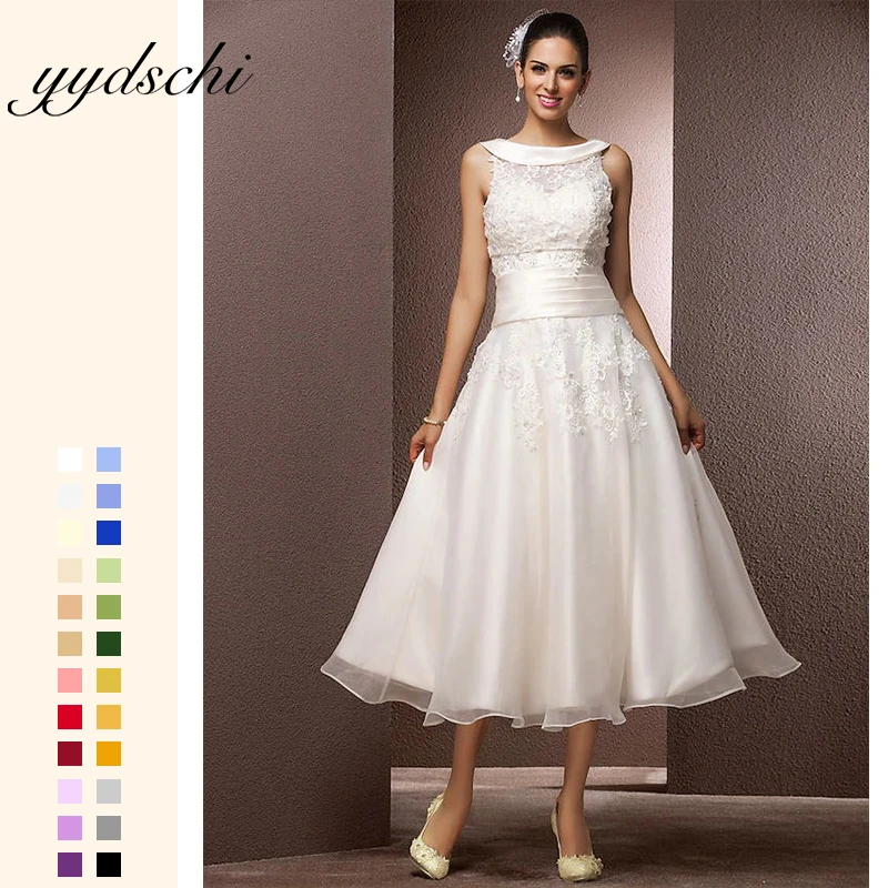 

A-Line Wedding Dress Bridal Bateau Neck Tea Lengt Lace Organza Floral Appliques Straps Formal Casual Illusion Sleeveless Dress