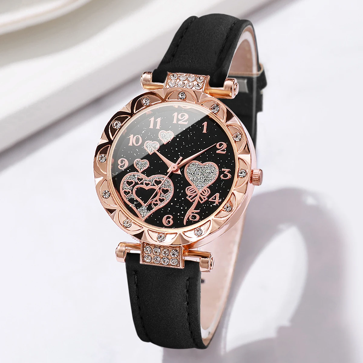 6PCs/Set Women's Fashion Watch Round Multi heart Dial Leather Strap Quartz Watch with Black Triangle Bracelet