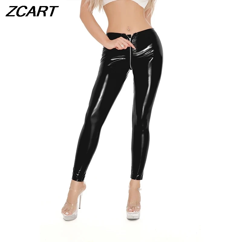Sexy Women Shiny Faux Leather Pants Wetlook Latex PU Zipper Open Crotch Pants Female Red Black Long Trousers Clubwear