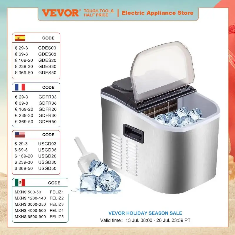 VEVOR 가정용 바용 전기 제빙기, 자동 수동 물 충전, 휴대용 큐브 제빙기, 24 시간 당 18kg 