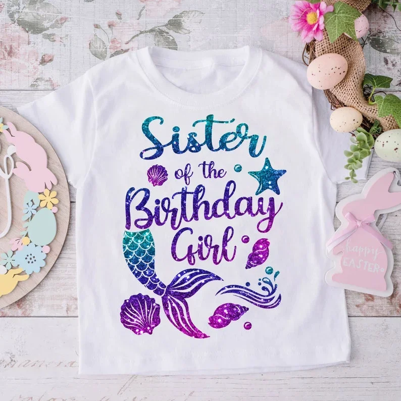Lovely Mermaid Design Birthday Girl T-shirt Birthday Gift Party Clothes Funny T Shirts Family Matching Clothes Outfits 5