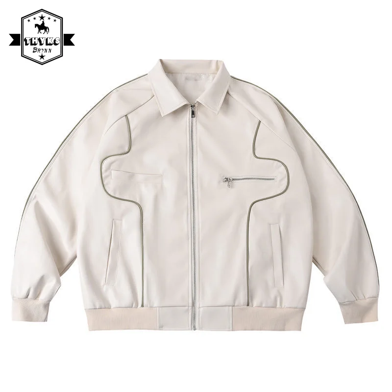 

Retro American Black PU Leather Motorcycle Jackets for Men Striped Zipper Bomber Jacket Unisex Varsity Vintage Coat Men Clothing