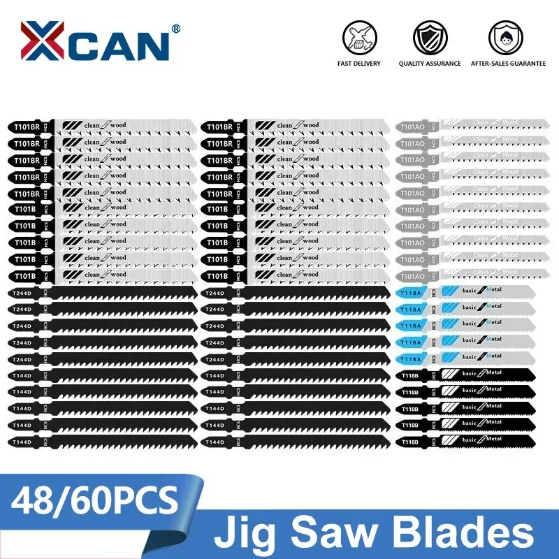 XCAN 지그 톱날, T 생크 직소 블레이드, HCS 스틸 톱날, 목재 절단용 T118A, T118B, T101AO, T101B, T101BR, T144D, T244D, 48 pc, 60pc