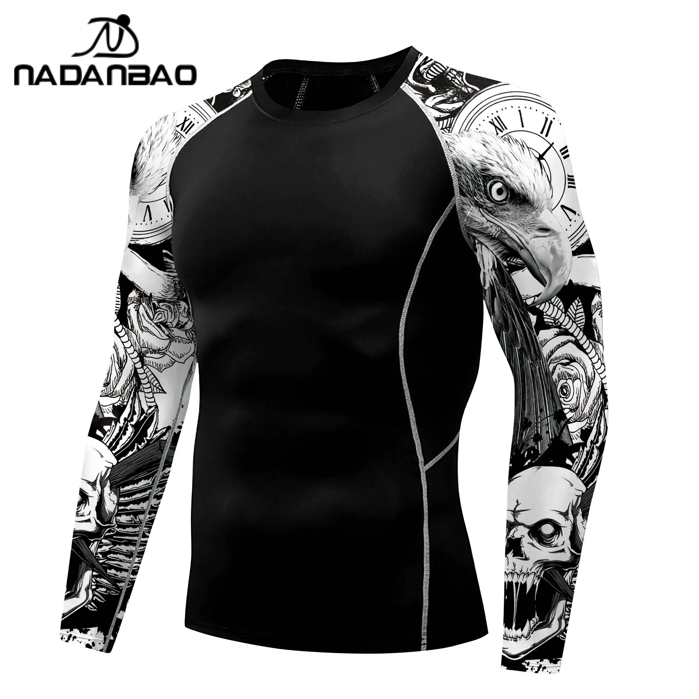 Nadanbao Men Long Sleeve Fashion Surfing Wetsuit Skull Print Fitness Swimsuits Beach Swimwear Black Surfing Beachwear Top