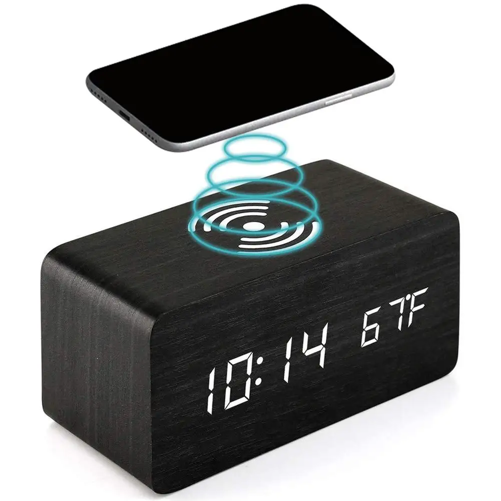Reloj Despertador con Cargador Inalámbrico Marrón PVC Madera MDF 15 x 7,5 x  7 cm (12 Unidades) 