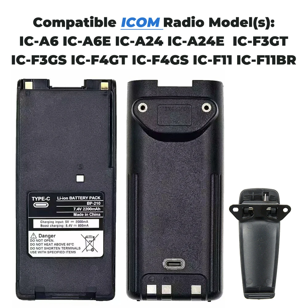 BP-210 Walkie Talkie Battery High Capacity Type-C Charging 2200mAh Li-ion Battery for Icom IC-F11 IC-F21 IC-V8 IC-F3GT IC-F40GT 4