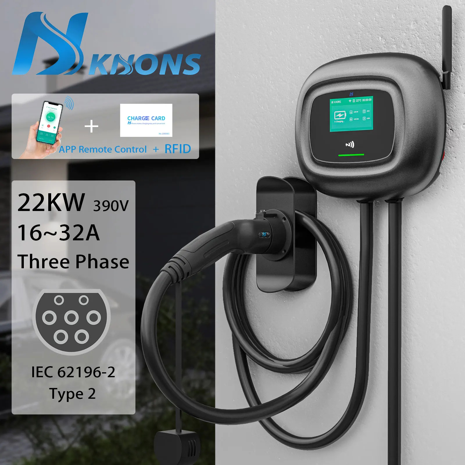 K.H.O.N.S EVSE Wall Mounted EV Charging Station 16A 32A 3Phase Plug