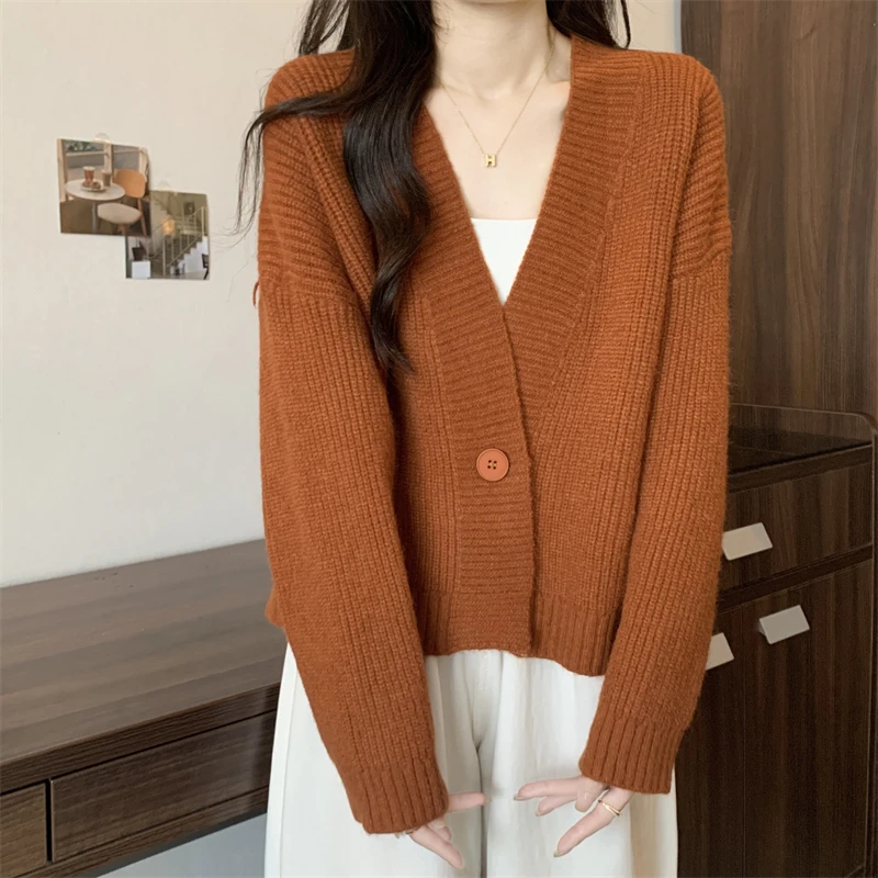 Fashion Elegant Loose Office Basic Casual Coats V-neck Women Cardigan Short Sweater Autumn Winter One Button Knitted Jackets