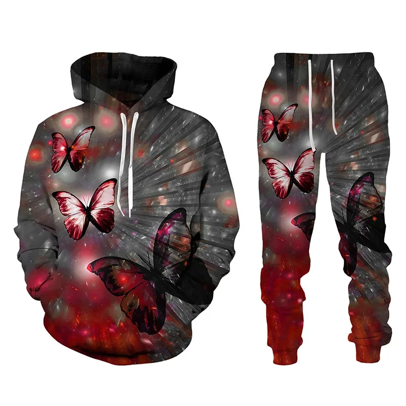 

Women's two-piece set 2022 spring and autumn new butterfly 3d printing hoodie + sweatpants suit casual sports women's clothing