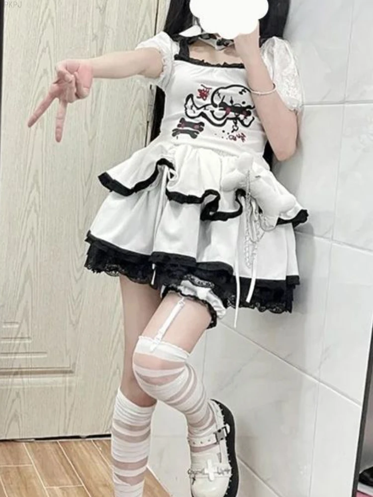 

White Lace Gothic Party Mini Skirt Women Japanese Kawaii Y2k Cake Puffy Skirt Female Bow Casual College Style Skirts Summer 2024